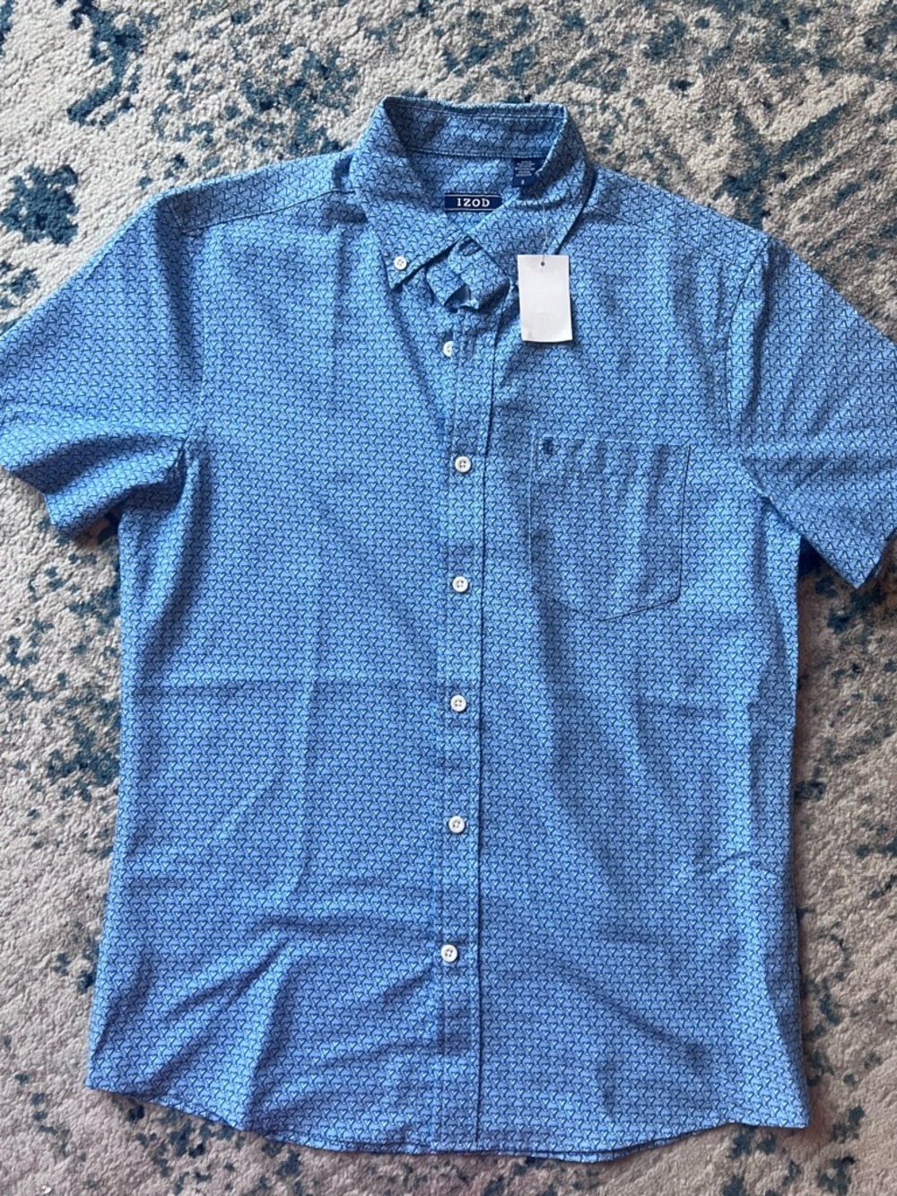 IZOD Blue Short Sleeve Patterned Button-Down Shirt
